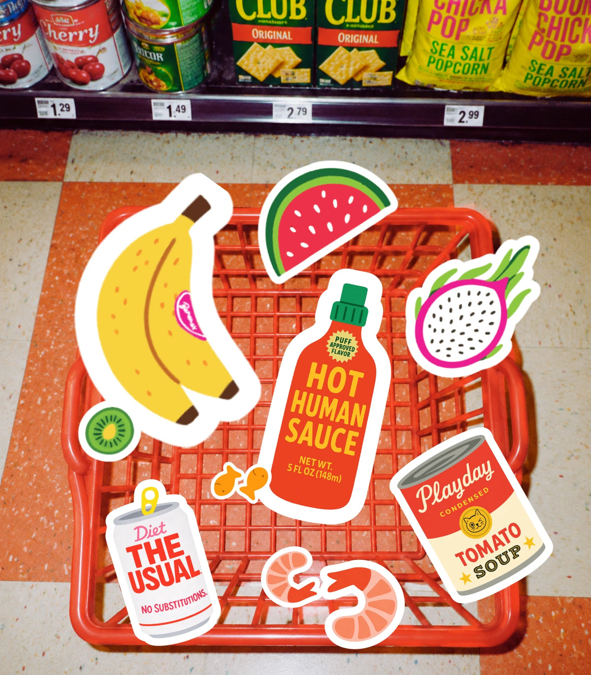 a realistic grocery basket sitting on the floor of a retro grocery store "filled" with colorful graphic sticker groceries.
