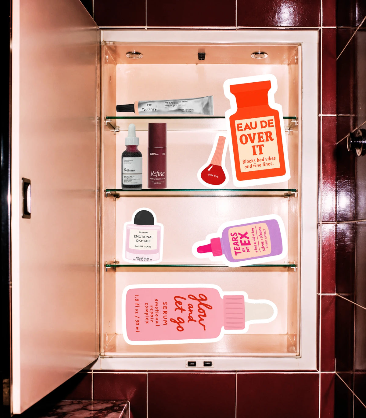 an open retro medicine cabinet is filled with a mix of realistic beauty products and playfully scattered playday beauty product stickers.